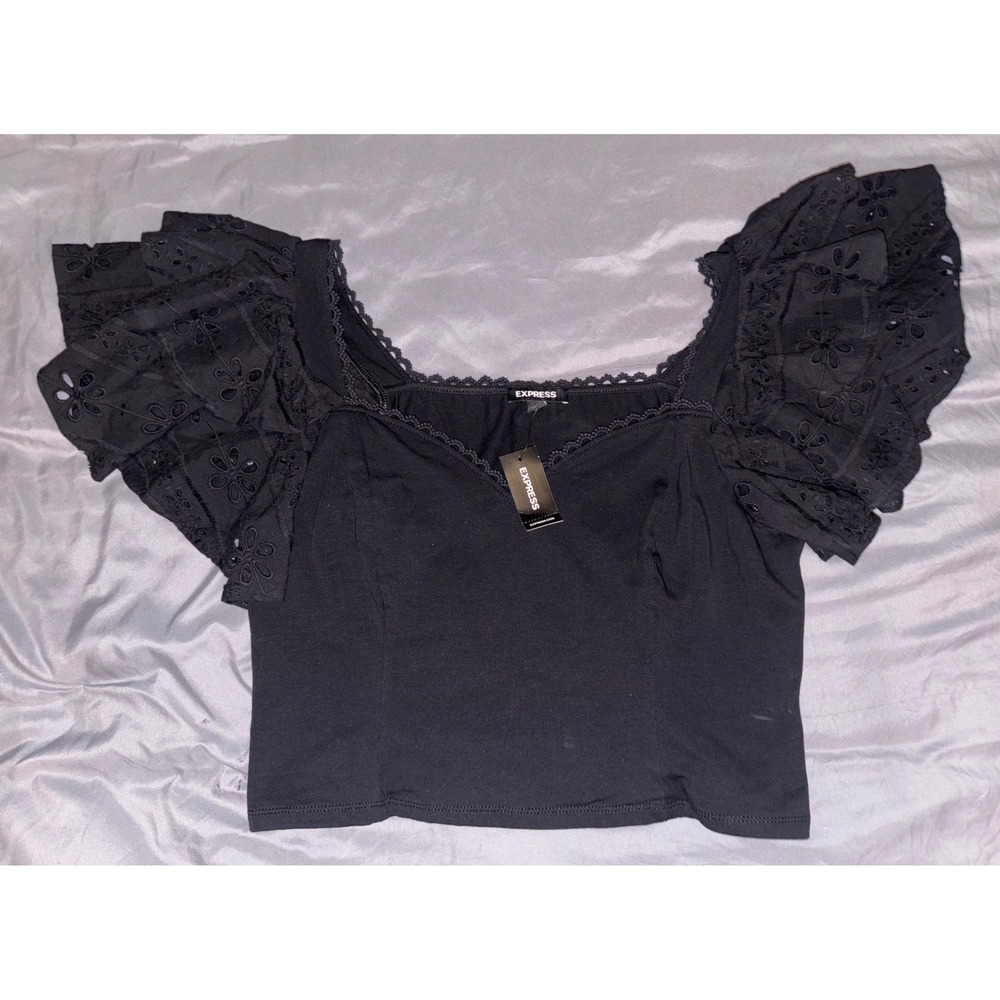 NEW Express Black Cropped Eyelet Lace Flutter Sleeve Square Neck Top, Large